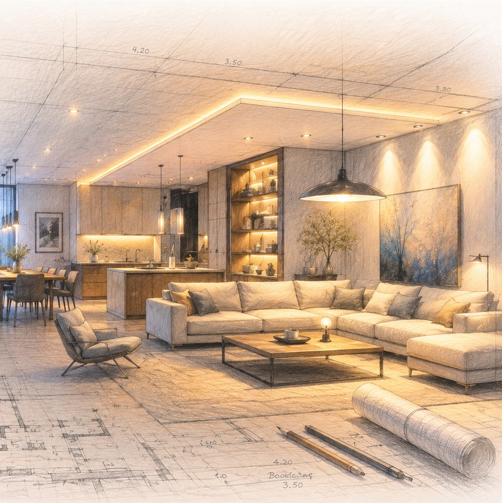 Layered warm lighting through an open-plan living space — architectural sketch