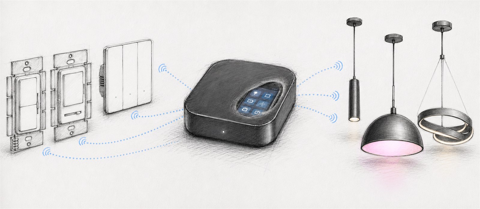 MBNtech system — wall controls and a central hub coordinating pendant lighting over wireless links