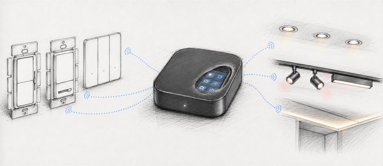 MBNtech system — a central hub coordinating recessed downlights and adjustable track spots