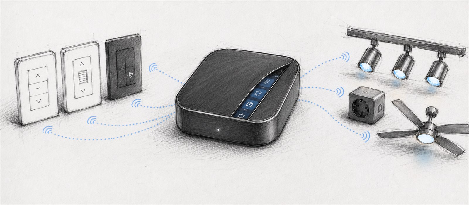 MBNtech system — a central hub coordinating track lighting, a ceiling fan and a smart socket